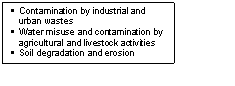 Text Box: §	Contamination by industrial and ur-ban wastes
§	Water misuse and contamination by agricultural and livestock activities
§	Soil degradation and erosion
§	

