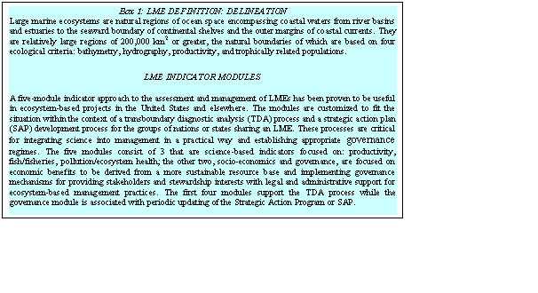 Text Box: Box 1: LME DEFINITION: DELINEATION
Large marine ecosystems are natural regions of ocean space encompassing coastal waters from river basins and estuaries to the seaward boundary of continental shelves and the outer margins of coastal currents. They are relatively large regions of 200,000 km2 or greater, the natural boundaries of which are based on four ecological criteria: bathymetry, hydrography, productivity, and trophically related populations. 

LME INDICATOR MODULES
A five-module indicator approach to the assessment and management of LMEs has been proven to be useful in ecosystem-based projects in the United States and elsewhere. The modules are customized to fit the situation within the context of a transboundary diagnostic analysis (TDA) process and a strategic action plan (SAP) development process for the groups of nations or states sharing an LME. These processes are critical for integrating science into management in a practical way and establishing appropriate governance regimes. The five modules consist of 3 that are science-based indicators focused on: productivity, fish/fisheries, pollution/ecosystem health; the other two, socio-economics and governance, are focused on economic benefits to be derived from a more sustainable resource base and implementing governance mechanisms for providing stakeholders and stewardship interests with legal and administrative support for ecosystem-based management practices. The first four modules support the TDA process while the governance module is associated with periodic updating of the Strategic Action Program or SAP.

