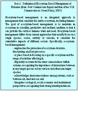 Text Box: Box 2:  Definition of Ecosystem Based Management of Fisheries (from: Pew Commission Report and that of the U.Sl Commission on Ocean Policy, 2003)

Ecosystem-based management is an integrated approach to management that considers the entire ecosystem, including humans.  The goal of ecosystem-based management is to maintain an ecosystem in a healthy, productive and resilient condition so that it can provide the services humans want and need. Ecosystem-based management differs from current approaches that usually focus on a single species, sector, activity or concern; it considers the cumulative impacts of different sectors. Specifically, ecosystem-based management:
- emphasizes the protection of ecosystem structure, functioning, and key processes;
- is place-based in focusing on a specific ecosystem and the range of activities affecting it;
- Explicitly accounts for the inter-connectedness within systems, recognizing the importance of interactions between m any target species or key services and other non-target species;
- acknowledges interconnectedness among systems, such as between air, land and sea; and
Þ- Integrates ecological, social economic and institutional perspectives, recognizing their strong interdependencies.
