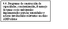 Text Box: 4.4. Programas de construcción de capacidades, concientización, & manejo de temas socio-ambientales implementados para las autoridades y actores involucrados relevantes en sitios AMP pilotos