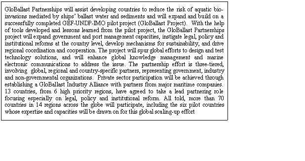 Text Box: GloBallast Partnerships will assist developing countries to reduce the risk of aquatic bio-invasions mediated by ships’ ballast water and sediments and will expand and build on a successfully completed GEF-UNDP-IMO pilot project (GloBallast Project).  With the help of tools developed and lessons learned from the pilot project, the GloBallast Partnerships project will expand government and port management capacities, instigate legal, policy and institutional reforms at the country level, develop mechanisms for sustainability, and drive regional coordination and cooperation. The project will spur global efforts to design and test technology solutions, and will enhance global knowledge management and marine electronic communications to address the issue. The partnership effort is three-tiered, involving  global, regional and country-specific partners, representing government, industry and non-governmental organizations.  Private sector participation will be achieved through establishing a GloBallast Industry Alliance with partners from major maritime companies. 13 countries, from 6 high priority regions, have agreed to take a lead partnering role focusing especially on legal, policy and institutional reform. All told, more than 70 countries in 14 regions across the globe will participate, including the six pilot countries whose expertise and capacities will be drawn on for this global scaling-up effort