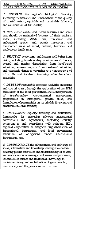 Text Box:  SIX STRATEGIES FOR SUSTAINABLE DEVELOPMENT OF THE SEAS OF EAST ASIA 

1. SUSTAIN the region’s biological diversity, including maintenance and enhancement of the quality of coastal waters, equitable and sustainable fisheries, and conservation of fish stocks;

2. PRESERVE coastal and marine resources and areas that should be maintained because of their intrinsic value, including MPAs, rare, threatened and endangered species and genetic resources, and transborder areas of social, cultural, historical and geological significance;

3. PROTECT ecosystems and human well-being from risks, including transboundary environmental threats, coastal and marine degradation from land-based activities, adverse impacts from sea-based activities, and economic damages occurring as a consequence of oil spills and incidents involving other hazardous materials;

4. DEVELOP sustainable economic activities in marine and coastal areas, through the application of the ICM framework at the local government level, incorporation of transboundary environmental management programmes in subregional growth areas, and formulation of partnerships in sustainable financing and environmental investments;

5. IMPLEMENT capacity building and institutional frameworks for executing relevant international conventions and agreements, including country accession to and compliance with relevant IEIs, regional cooperation in integrated implementation of international instruments, and local government execution of obligations under international instruments; and

6. COMMUNICATE the enhancement and exchange of ideas, information and knowledge among stakeholders covering public awareness and understanding of coastal and marine resource management issues and processes, utilization of science and traditional knowledge in decision-making, and mobilization of governments, civil society and the private sector to action.
